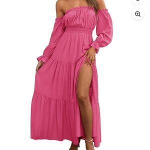 Off-Shoulder Pink Maxi Dress with Side Slit